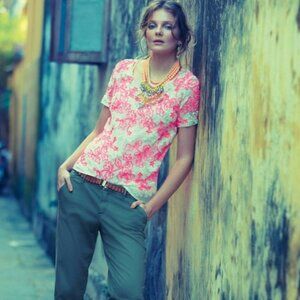 Anthropologie Meadow Rue Cherry Blossom Pink Floral Lace Blouse